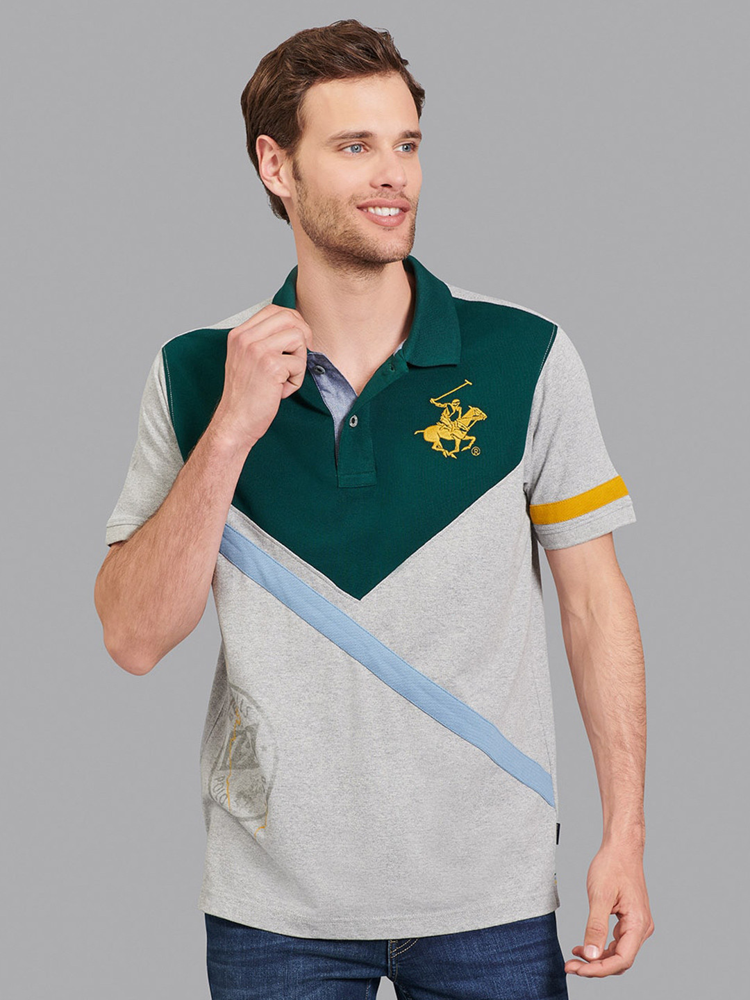 

Beverly Hills Polo Club Men Grey & Green Colourblocked Polo Collar T-shirt