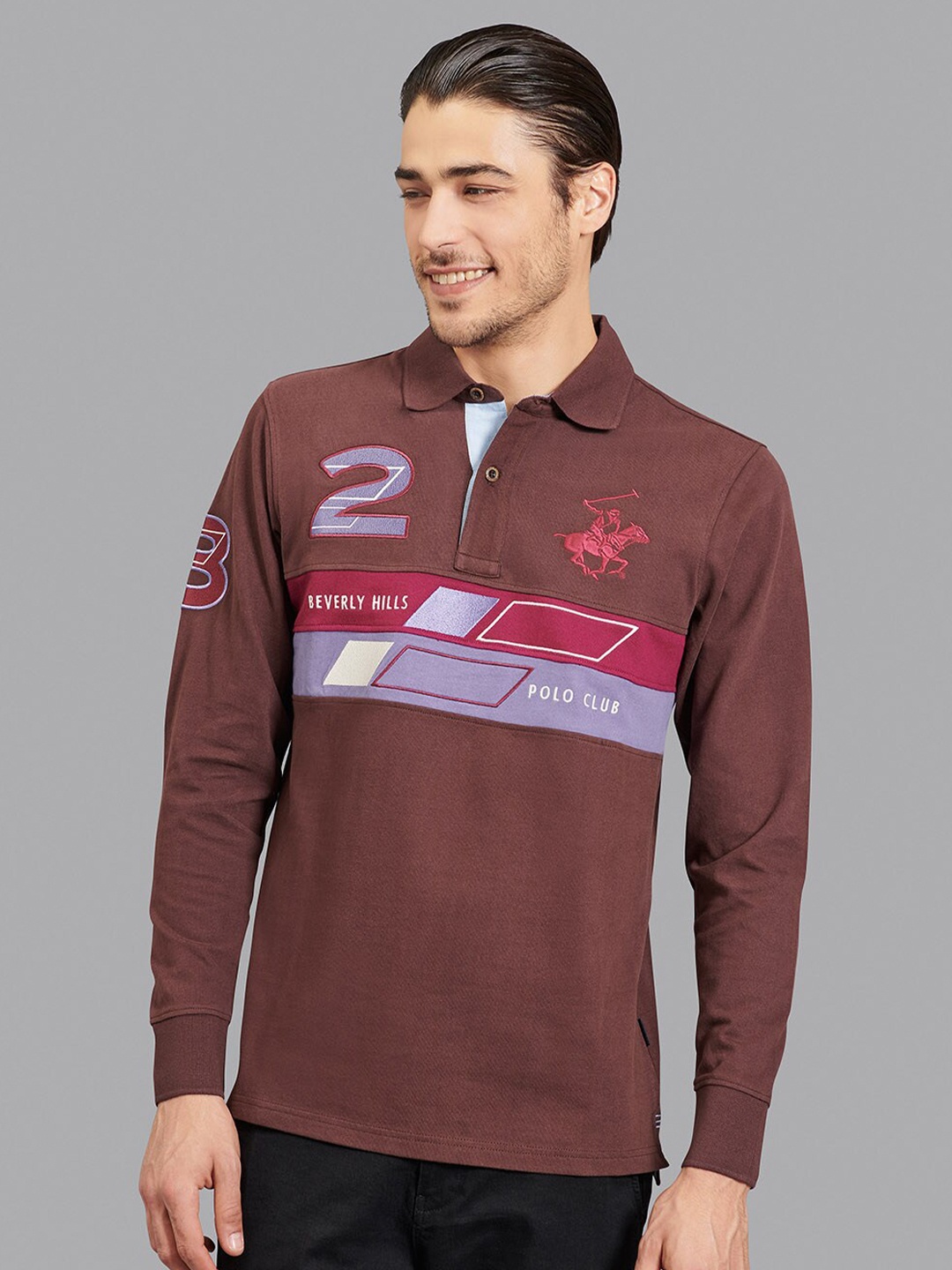 

Beverly Hills Polo Club Men Brown & Purple Polo Collar Applique T-shirt