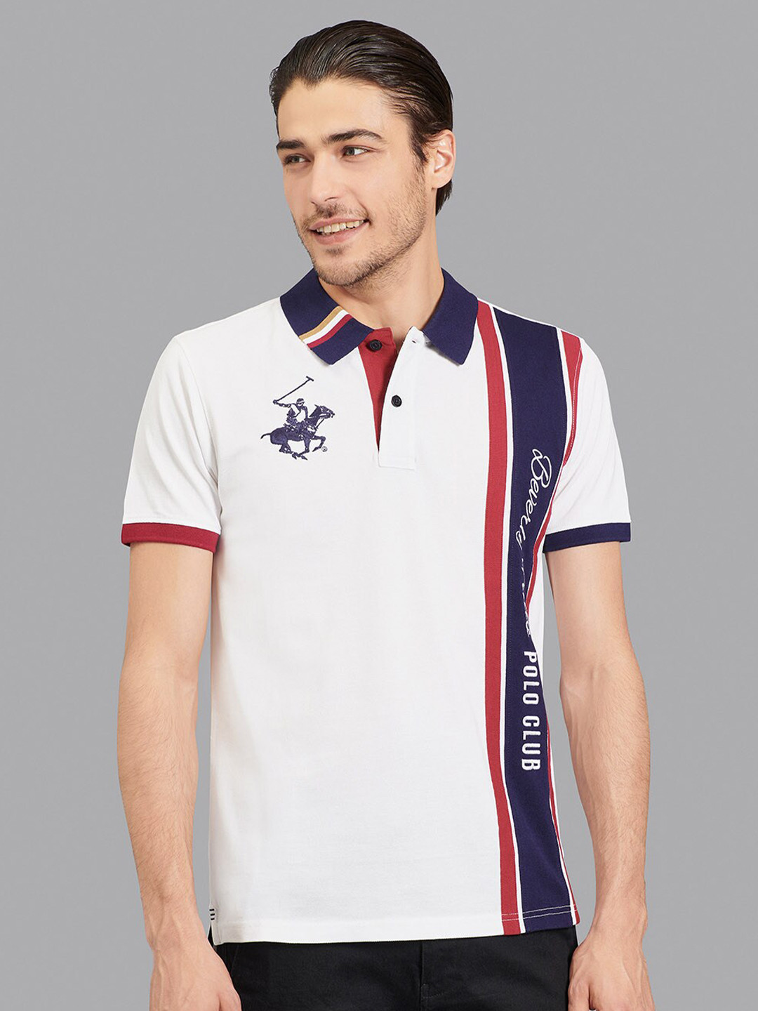 

Beverly Hills Polo Club Men White & Navy Blue Striped Polo Collar T-shirt