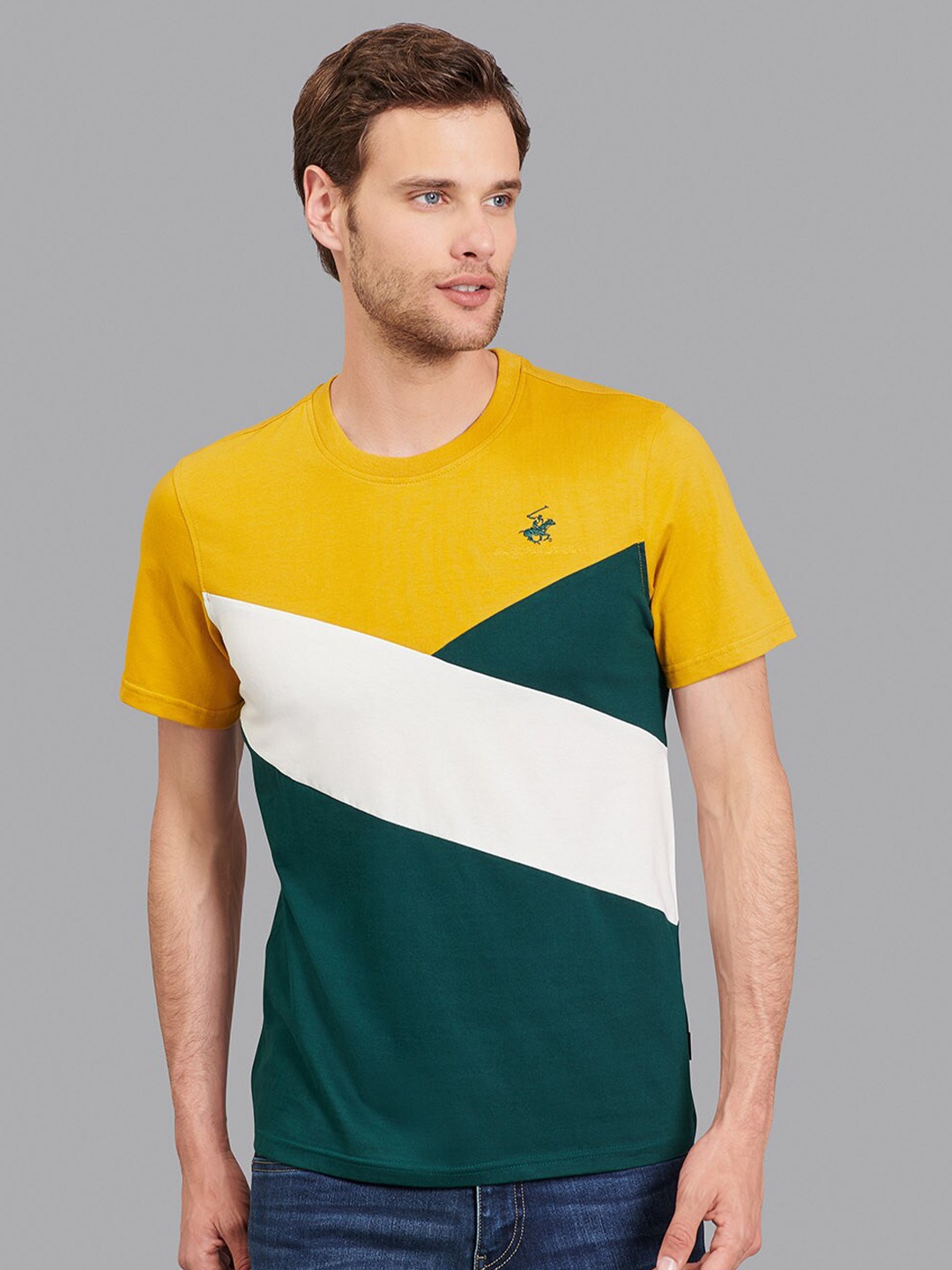 

Beverly Hills Polo Club Men Yellow & Green Colourblocked T-shirt
