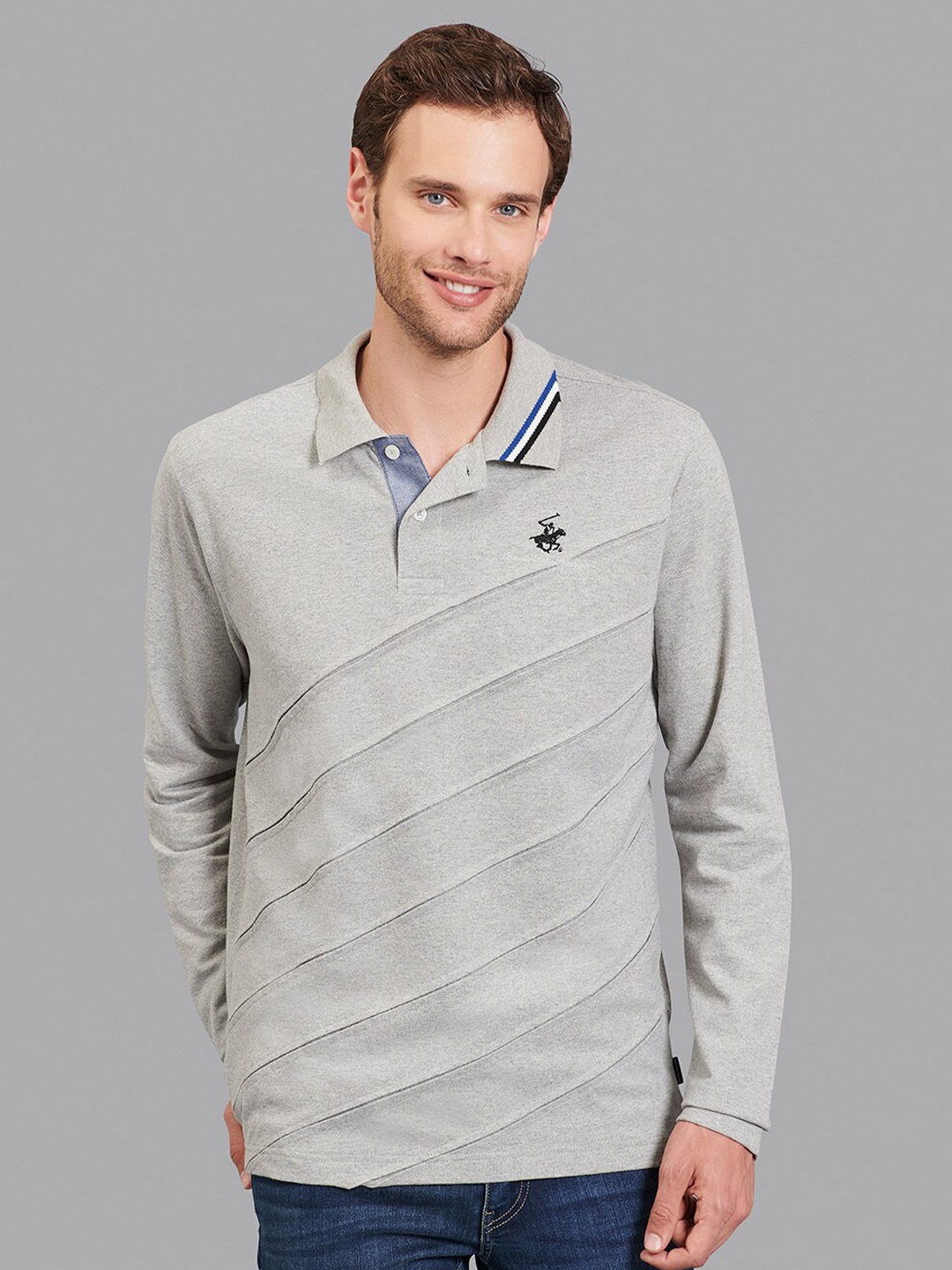 

Beverly Hills Polo Club Men Grey Striped Polo Collar T-shirt