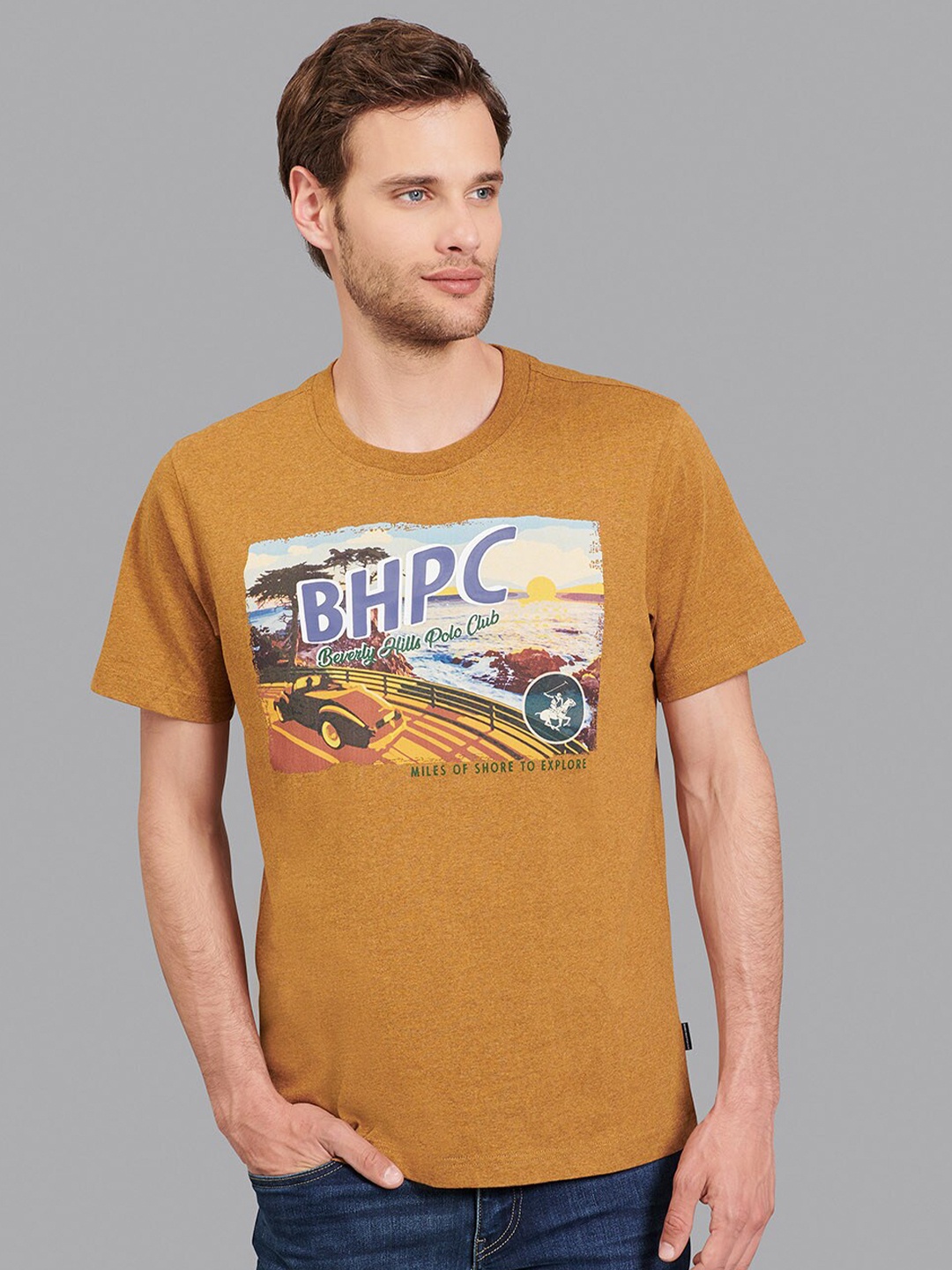 

Beverly Hills Polo Club Men Mustard Yellow & Blue Printed T-shirt