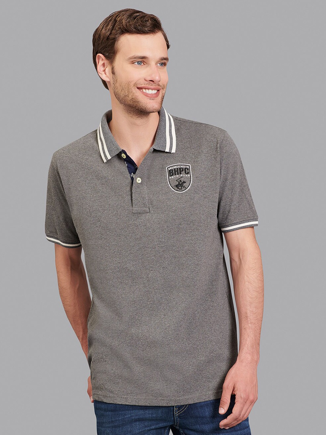 

Beverly Hills Polo Club Men Grey Melange Polo Collar T-shirt