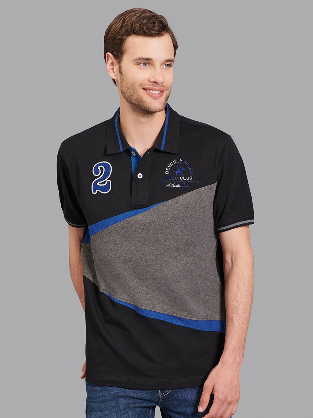 

Beverly Hills Polo Club Men Black Colourblocked Polo Collar Applique T-shirt