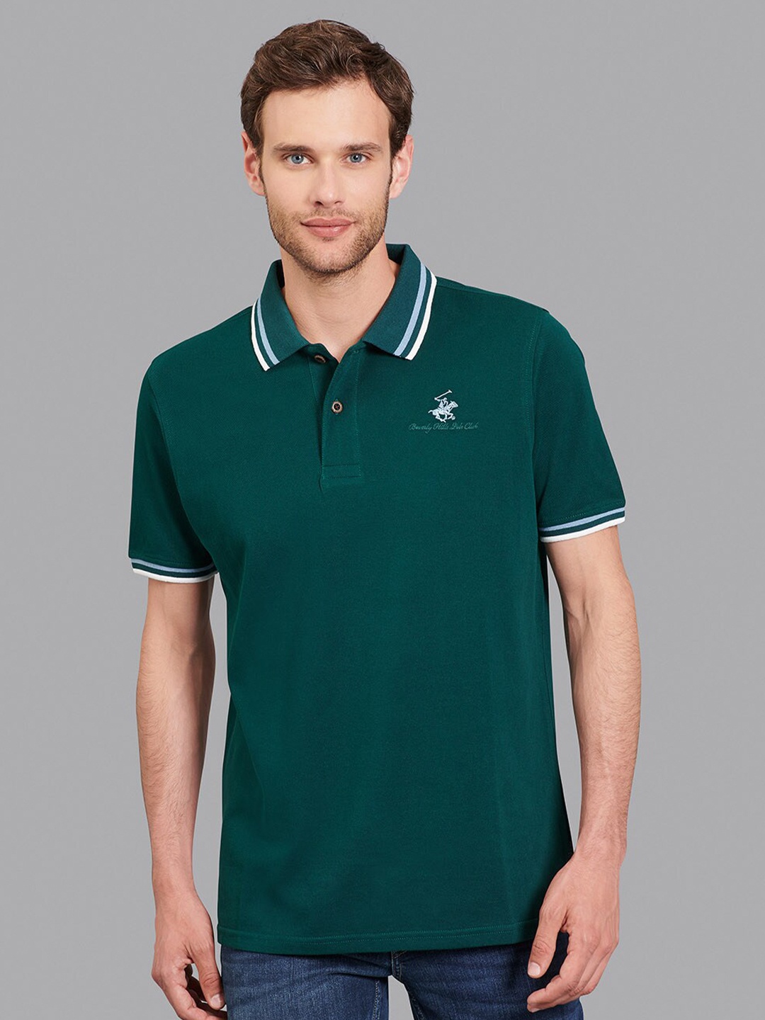 

Beverly Hills Polo Club Men Green Polo Collar Applique T-shirt