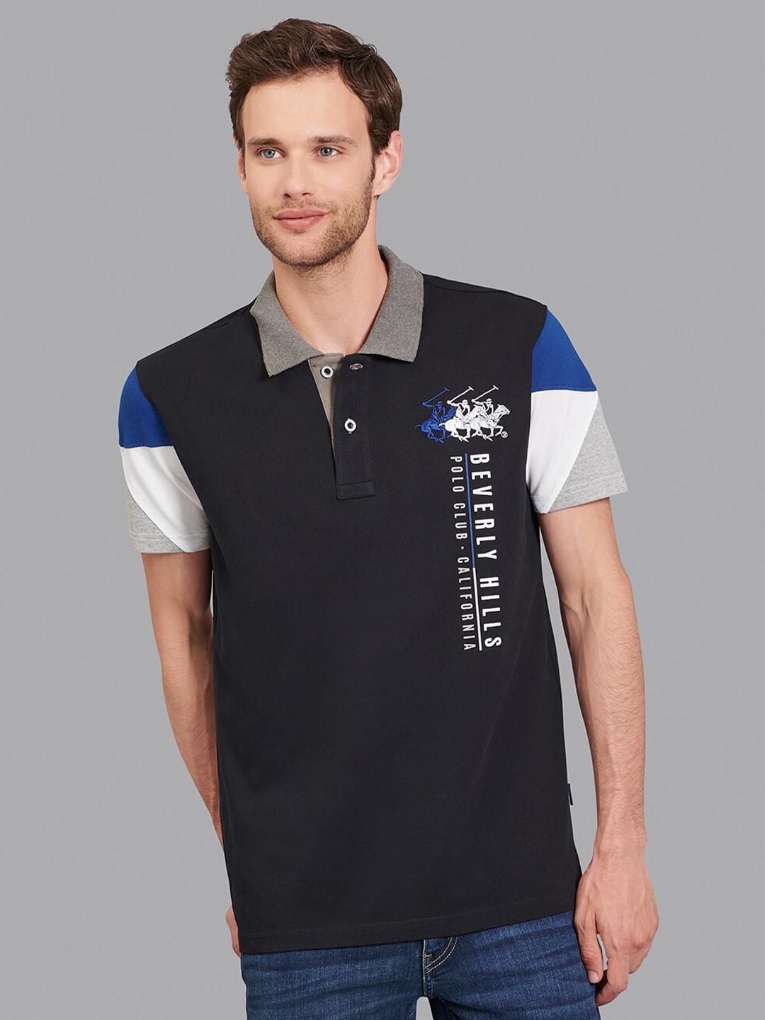 Beverly Hills Polo Club Men Black Typography Polo Collar Applique T-shirt