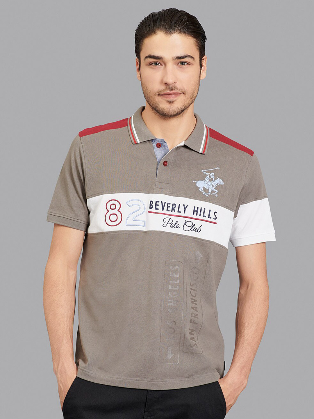 

Beverly Hills Polo Club Men Grey Typography Polo Collar Applique T-shirt
