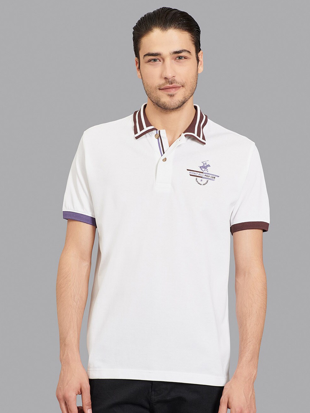 

Beverly Hills Polo Club Men White Polo Collar Applique T-shirt