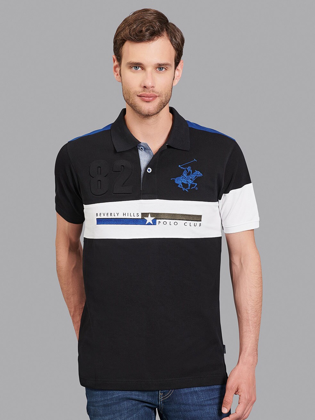 

Beverly Hills Polo Club Men Black & White Colourblocked Polo Collar T-shirt