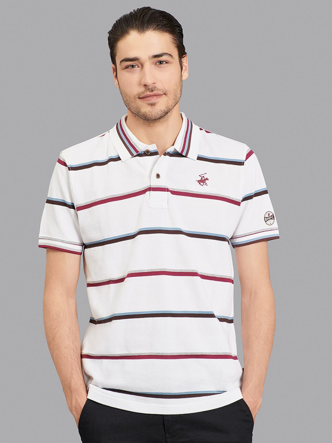 

Beverly Hills Polo Club Men White & Maroon Striped Polo Collar T-shirt