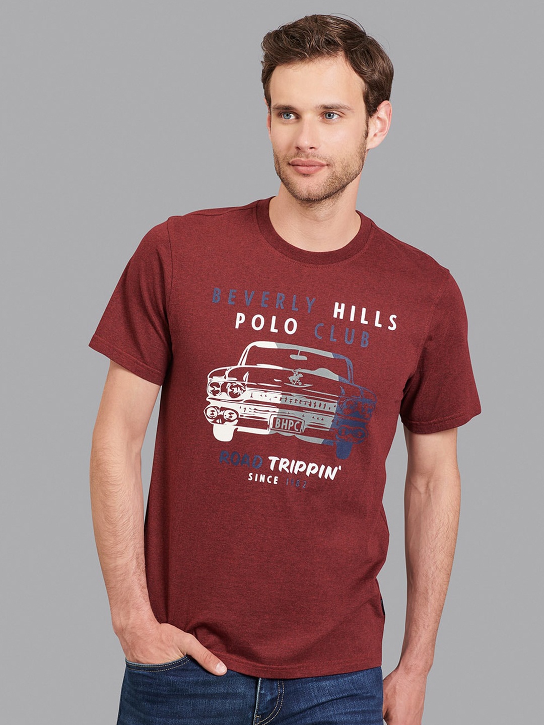 

Beverly Hills Polo Club Men Maroon & White Printed T-shirt