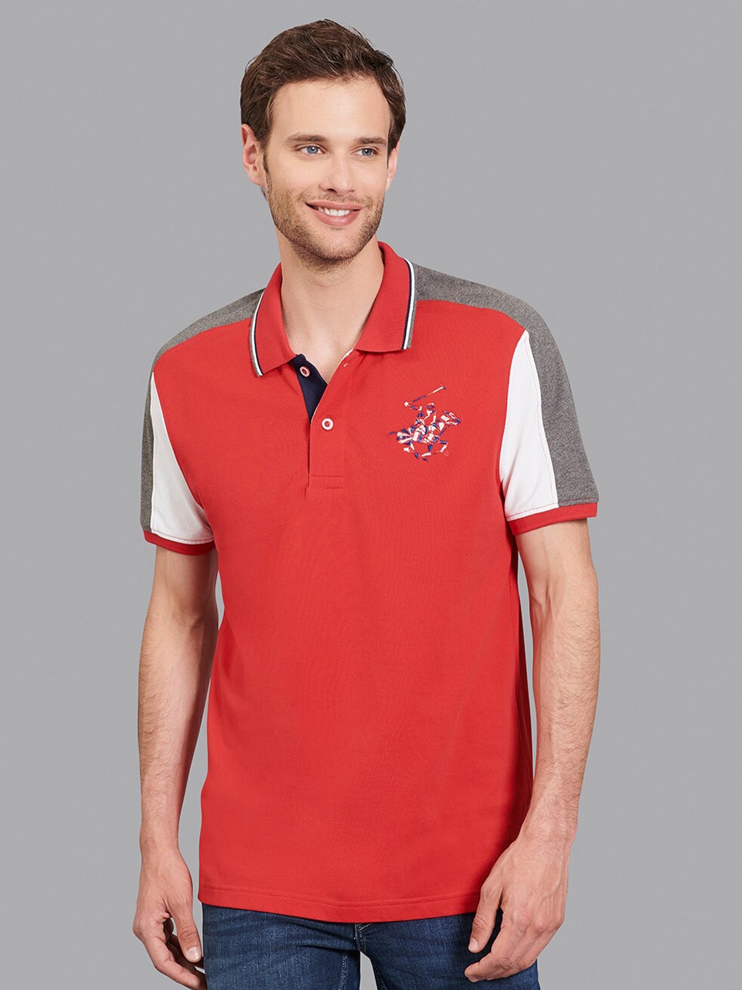 

Beverly Hills Polo Club Men Red & White Colourblocked Polo Collar T-shirt