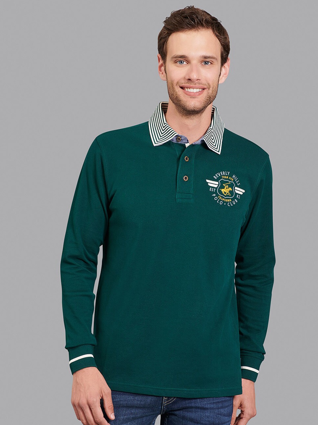 

Beverly Hills Polo Club Men Green Polo Collar Applique T-shirt