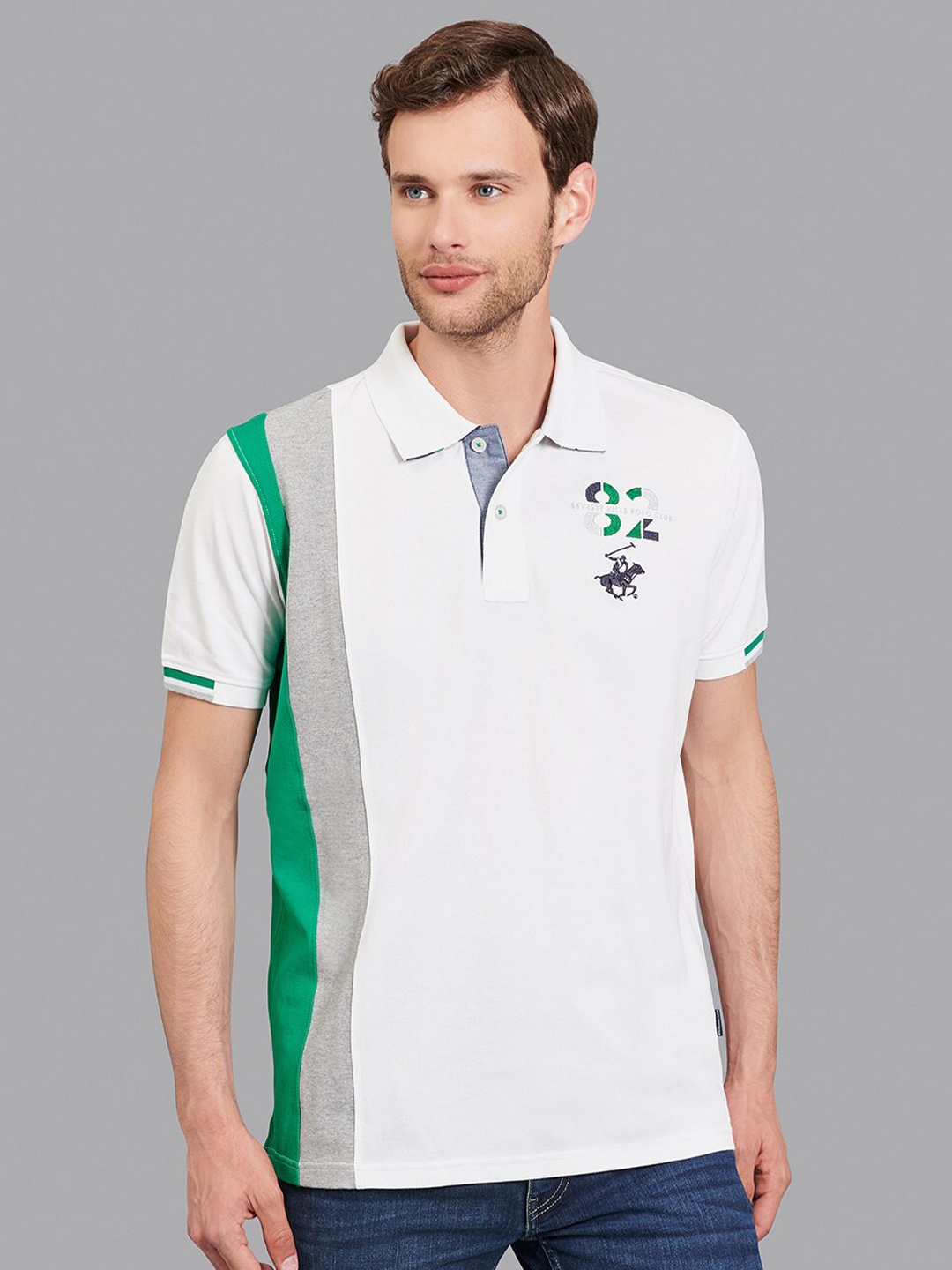 

Beverly Hills Polo Club Men White & Grey Striped Polo Collar T-shirt