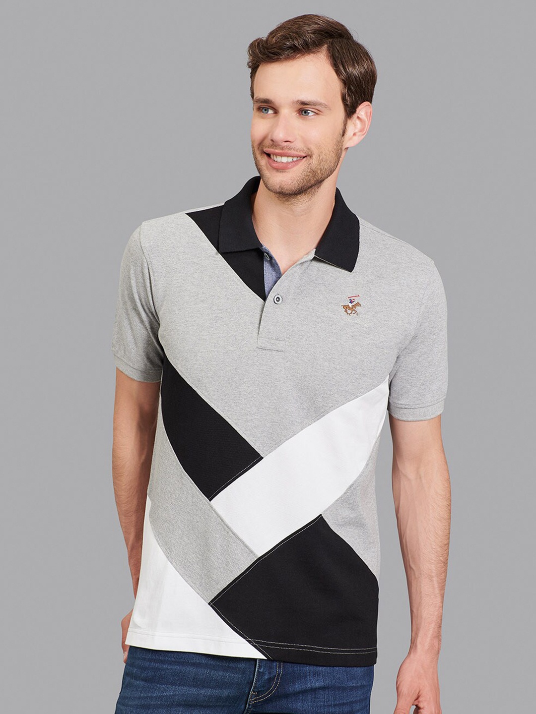 

Beverly Hills Polo Club Men Grey & Black Printed Polo Collar T-shirt