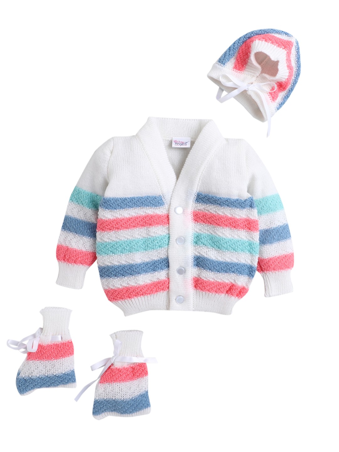 

Little Angels Girls Off White Striped Sweater, Socks & Cap Set