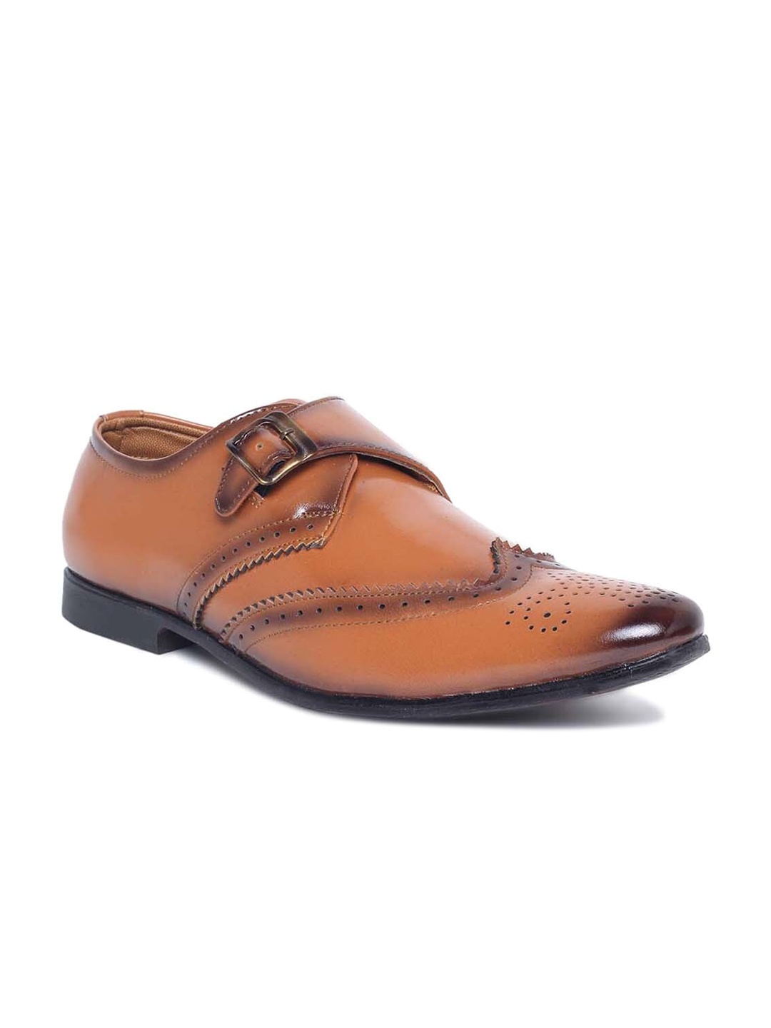 

MUTAQINOTI Men Tan Synthetic Leather Brogue Detail Formal Monks