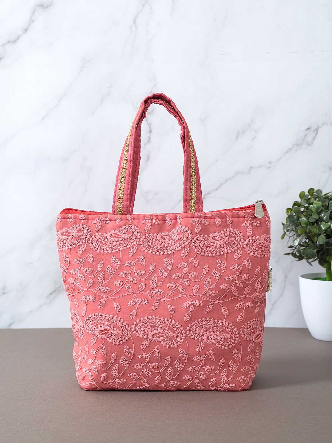 

Golden Peacock Peach-Coloured Embroidered Shopper Tote Bag