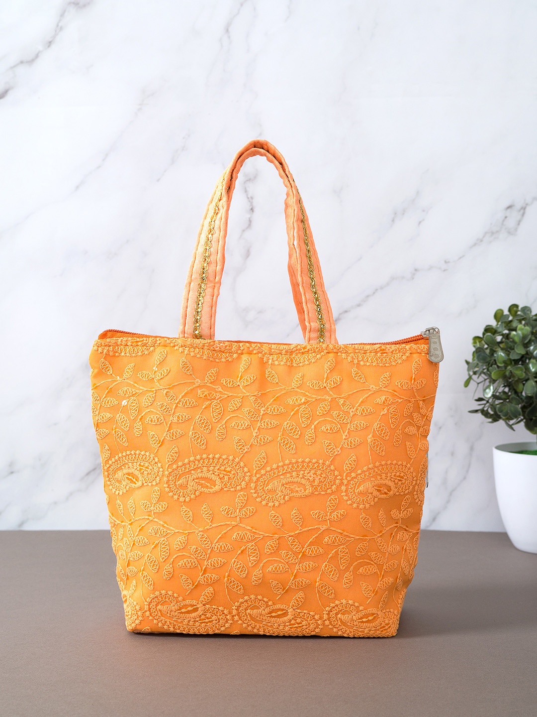 

Golden Peacock Orange Embroidered Shopper Tote Bag