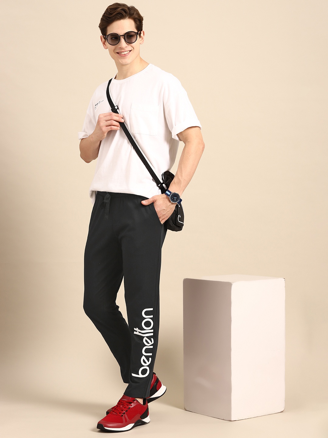 

United Colors of Benetton Men Black Brand Logo Printed Pure Cotton Track Pants