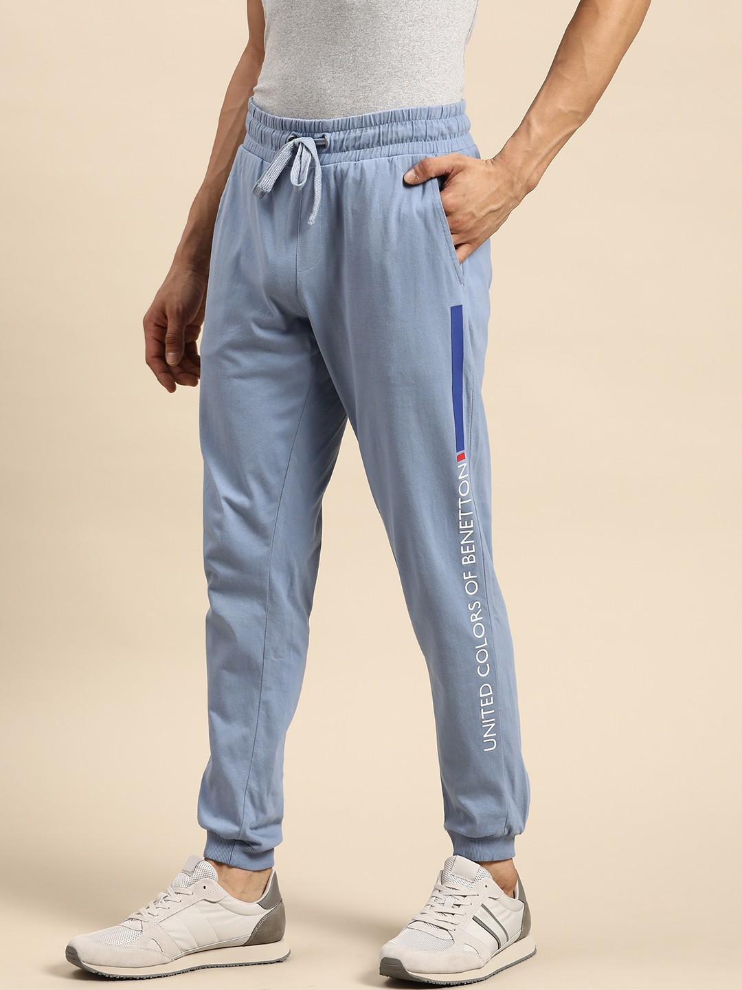 

United Colors of Benetton Men Blue Brand Logo Printed Pure Cotton Joggers
