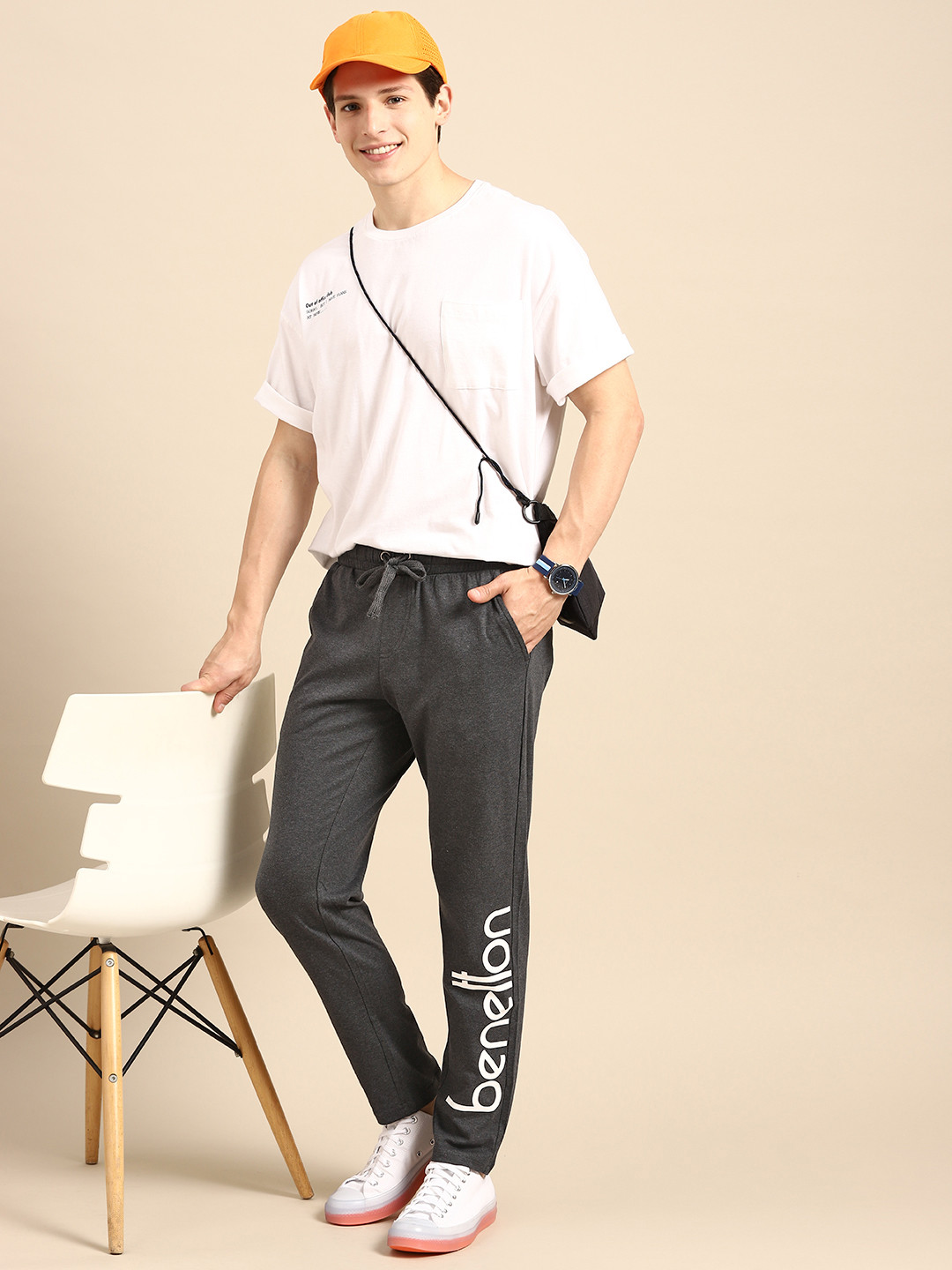 

United Colors of Benetton Men Grey Melange Pure Cotton Brand Logo Printed Track Pants