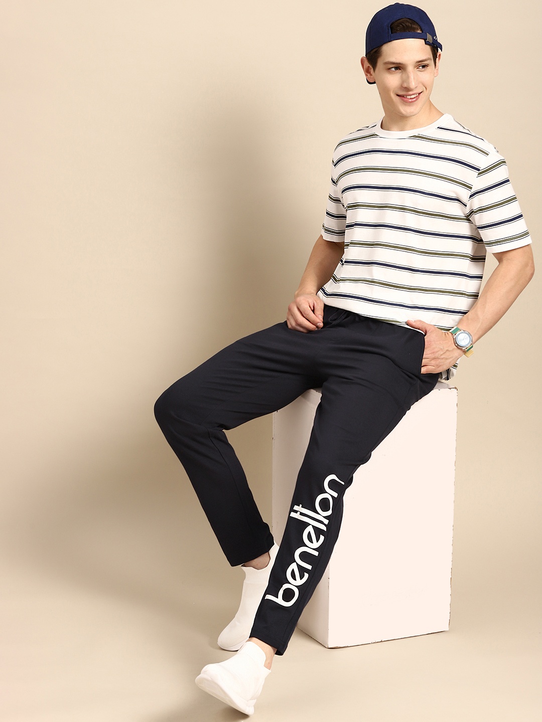 

United Colors of Benetton Men Navy Blue Brand Logo Printed Pure Cotton Trackpants