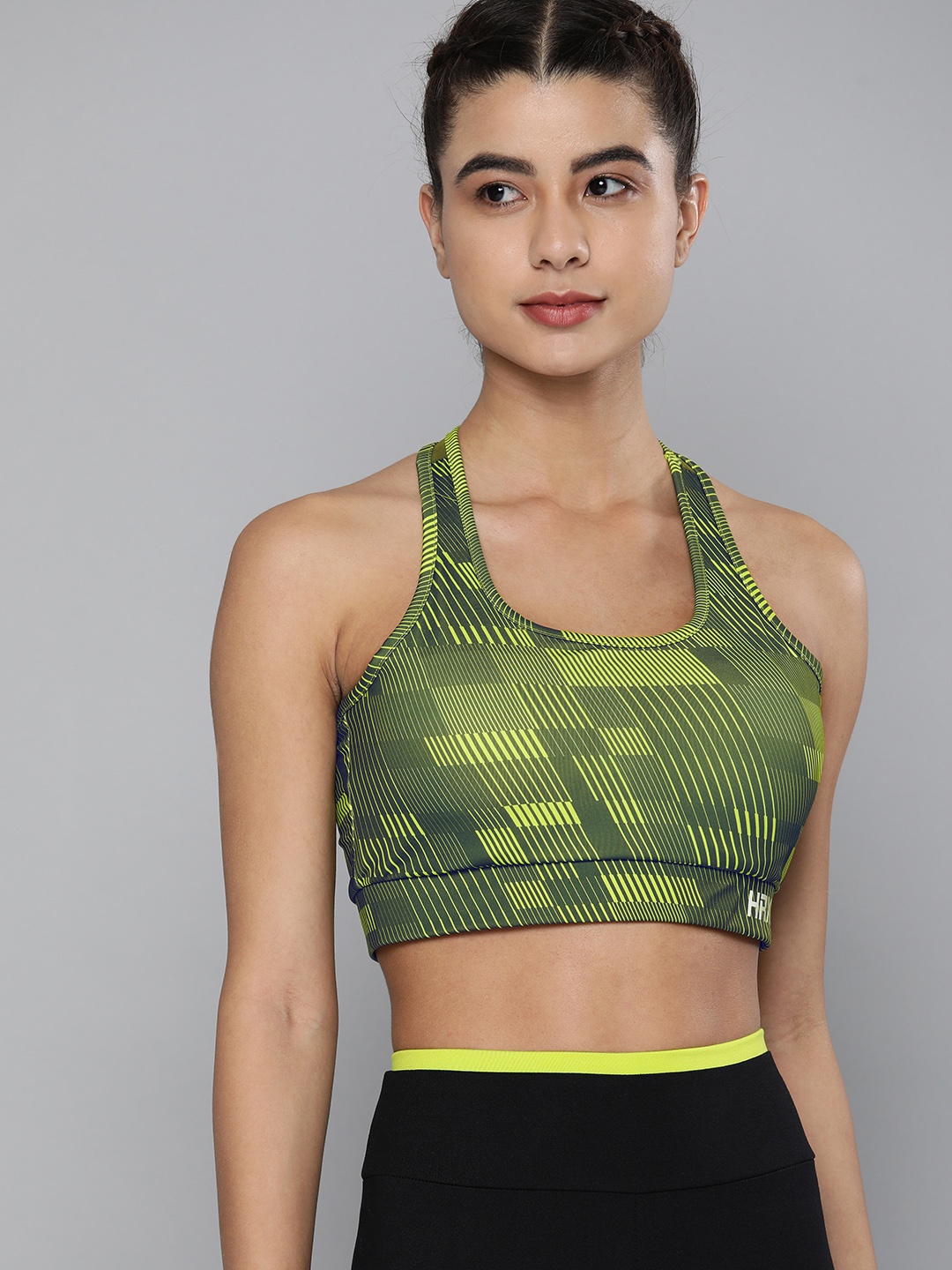 

HRX By Hrithik Roshan Women Designer To Comment Striped Rapid-Dry AOP Running Sports Bra, Green