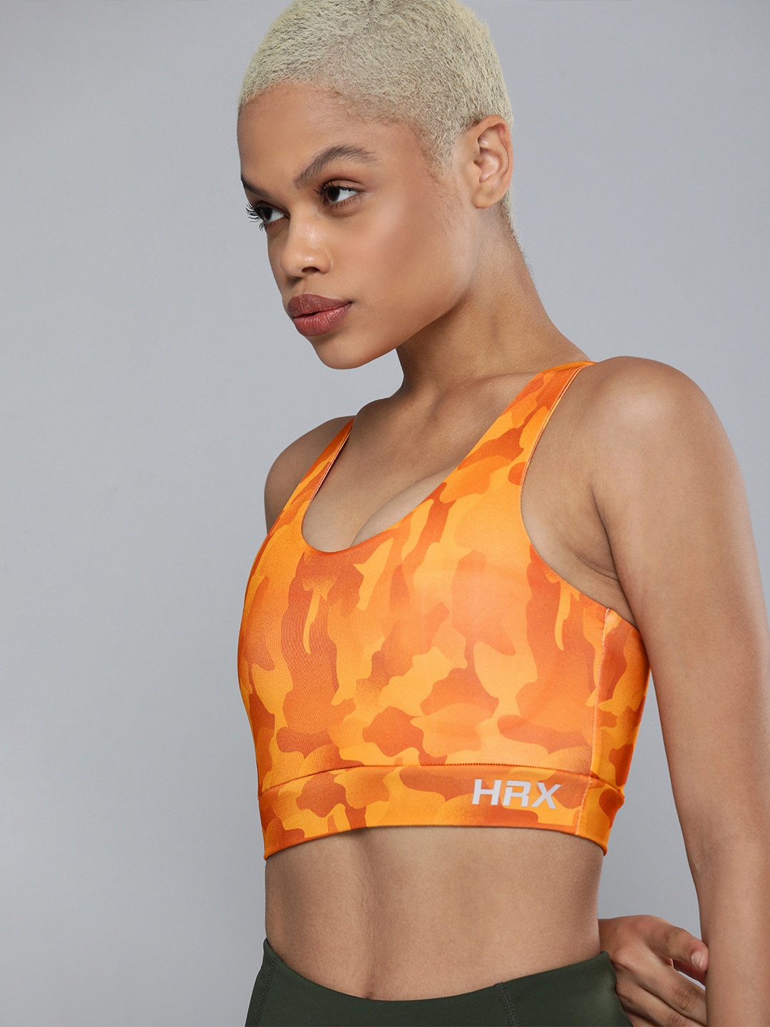 

HRX By Hrithik Roshan Running Women Mustard Yellow & Brown Camouflage AOP Sports Bra