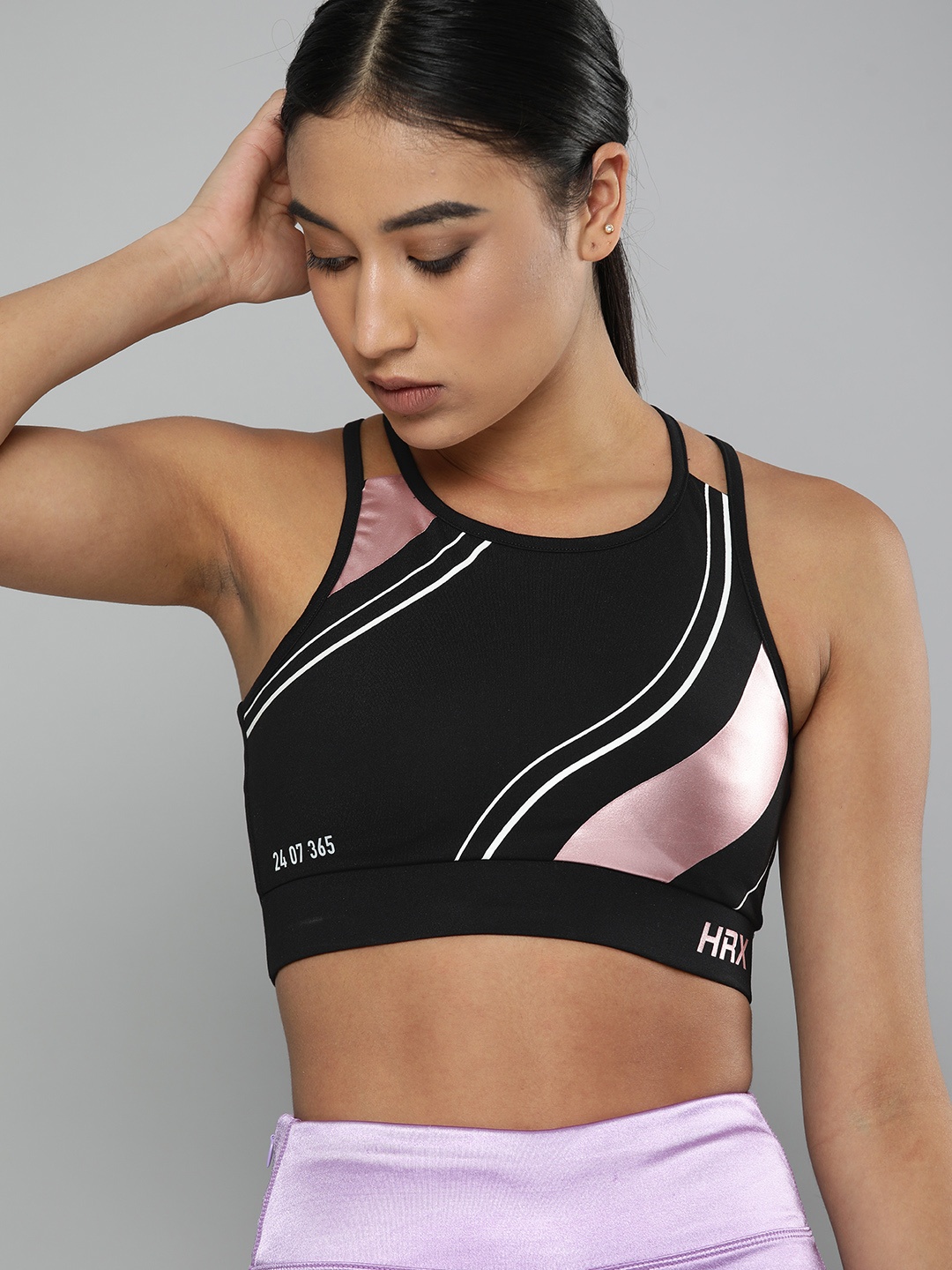 

HRX By Hrithik Roshan Women Black Rapid-Dry AOP Running Sports Bra