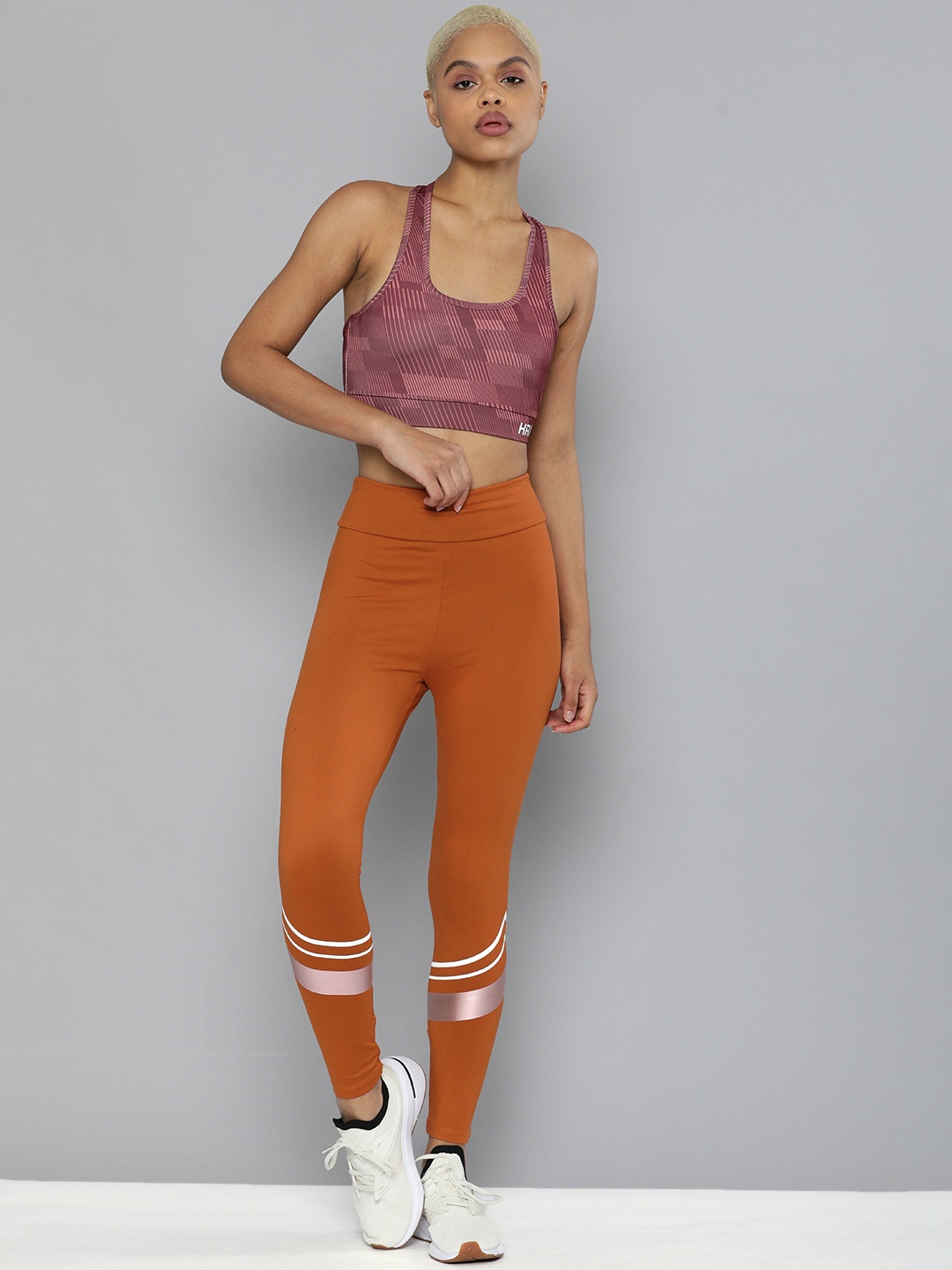 

HRX By Hrithik Roshan Women Rust Orange Skinny Fit Striped Rapid-Dry Running Tights