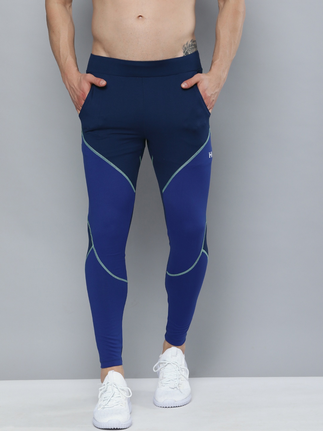 

HRX By Hrithik Roshan Men Blue Rapid-Dry Colourblock Training Tights