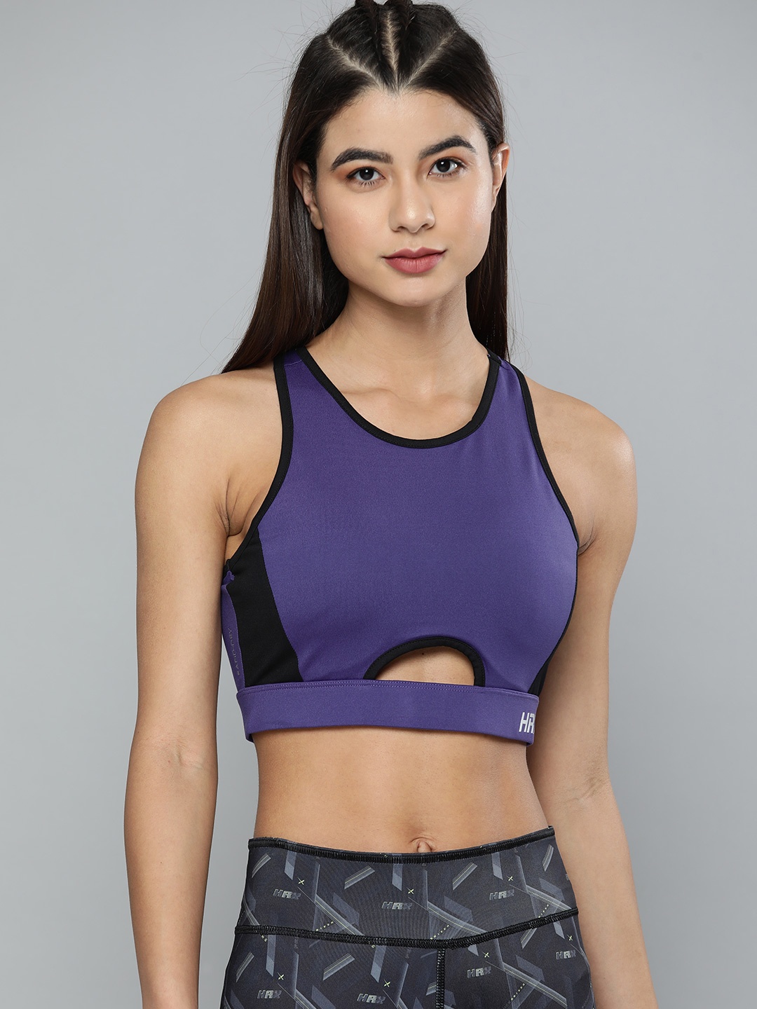 

HRX By Hrithik Roshan Training Women Purple & Black Rapid Dry Colourblocked Sports Bra