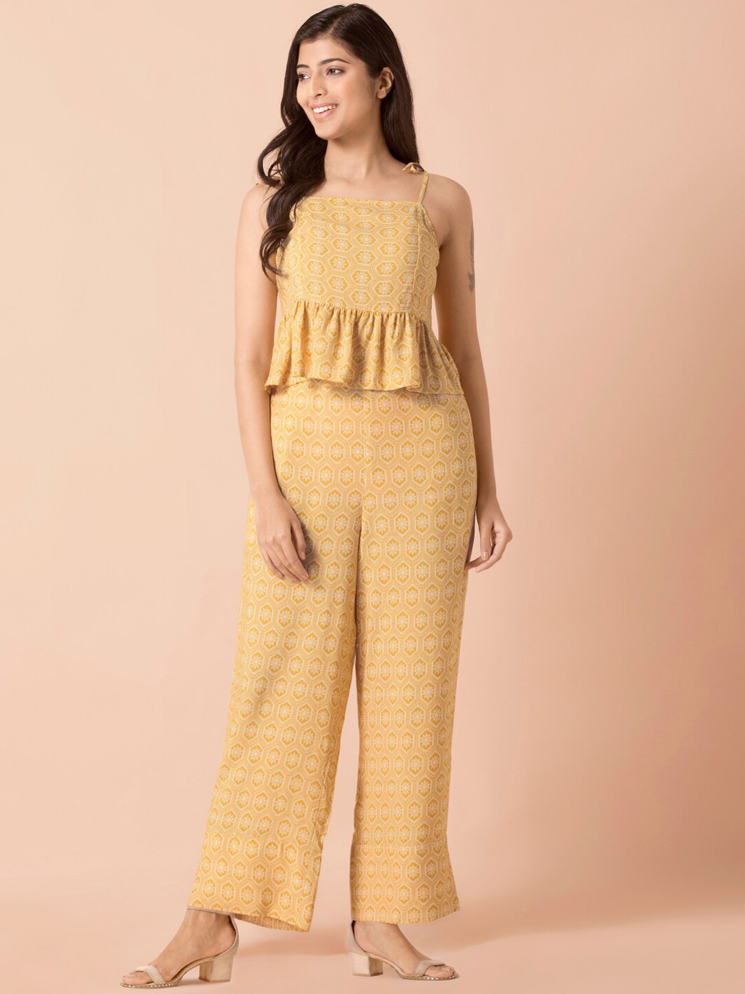 

INDYA Women Yellow & Off White Geometric Printed Peplum Top With Trousers