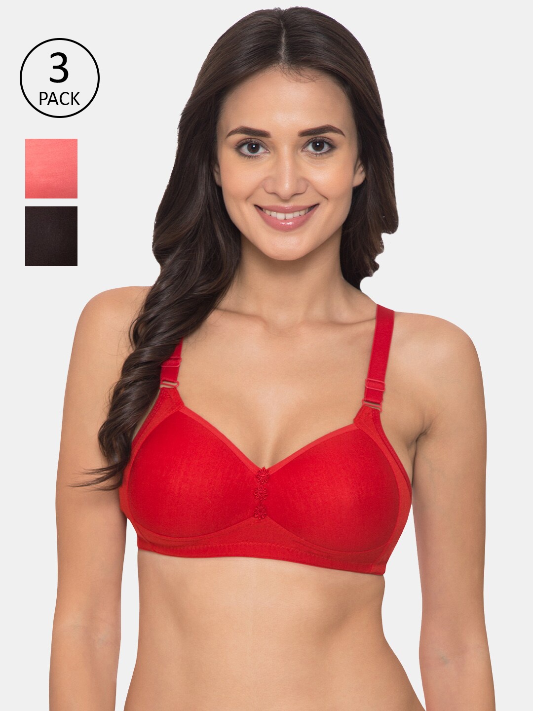 

KOMLI Pack Of 3 Solid Minimizer Bras - Non-Wired Lightly Padded, Red