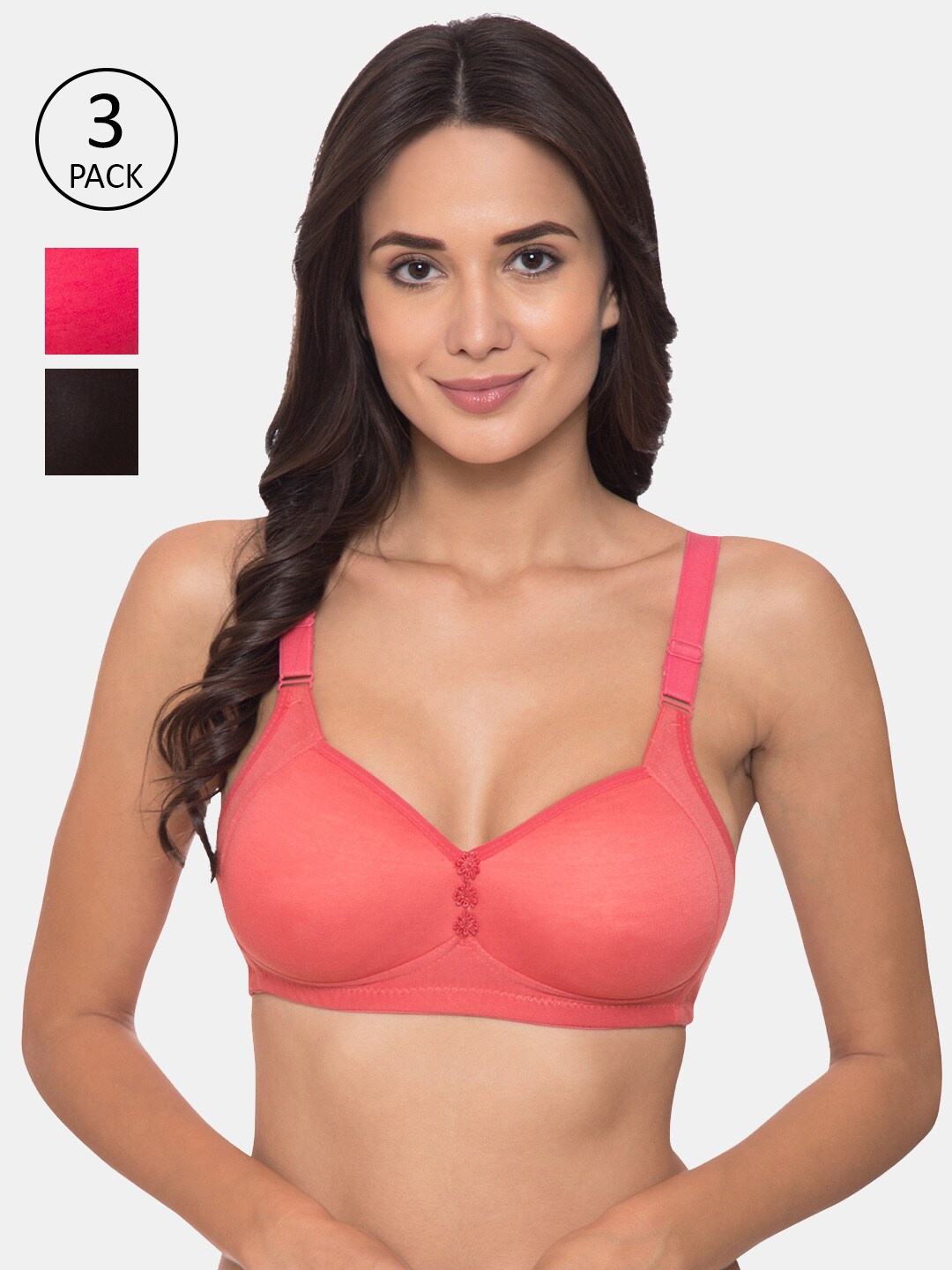 

KOMLI Pack Of 3 Coral & Black Minimizer Bra Lightly Padded-K-911-3PC-CRL-DPK-BLK