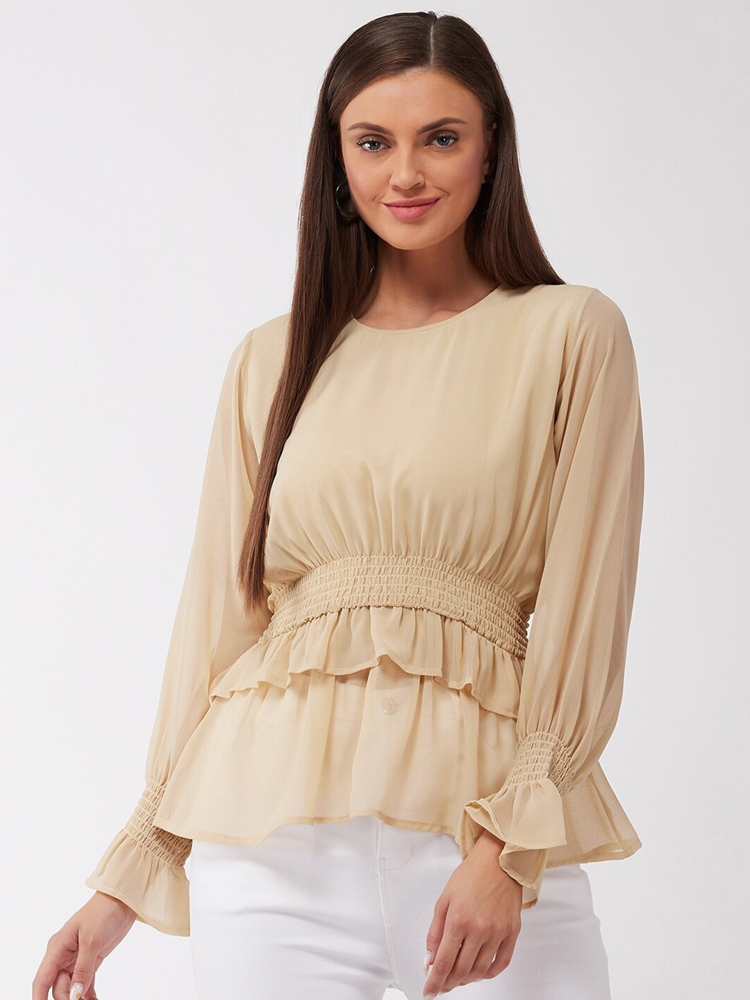 

Purple Feather Beige Georgette Cinched Waist Top