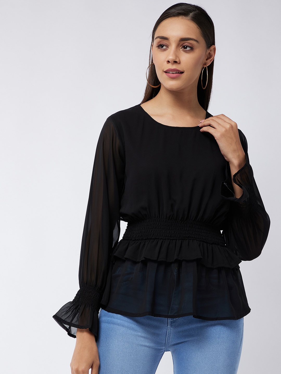 

Purple Feather Black Mandarin Collar Georgette Regular Top
