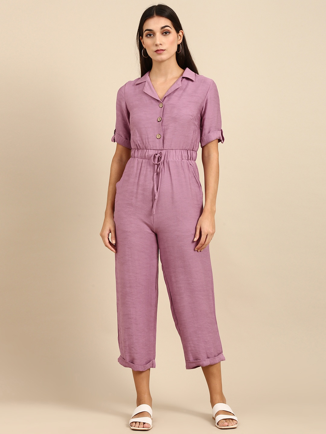

Zink London Women Charming Purple Solid Cinched Waist Jumpsuit