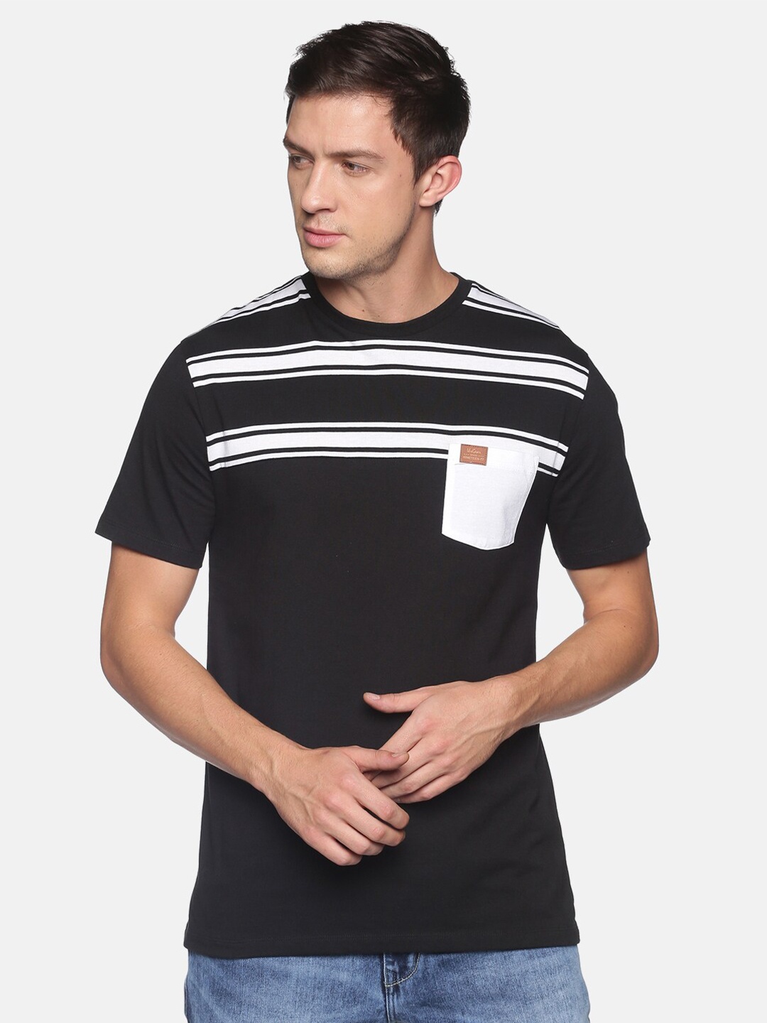 

UrGear Men Black & White Striped Pockets T-shirt