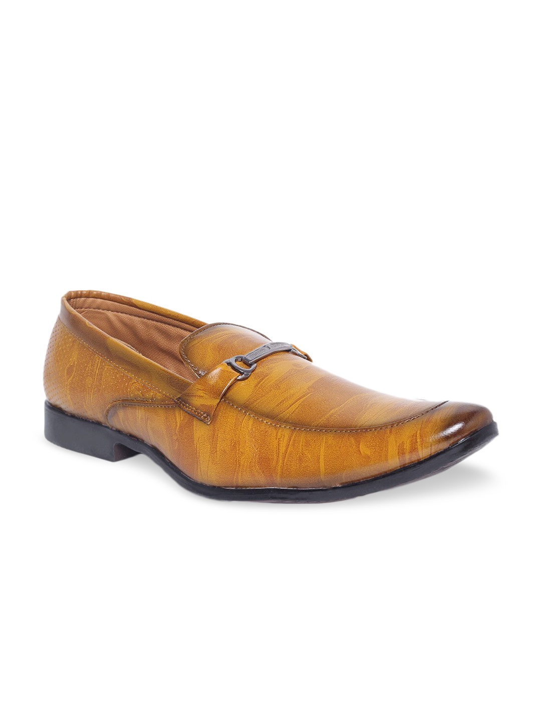 

MUTAQINOTI Men Tan Brown Solid Patent Synthetic Leather Horsebit Loafers