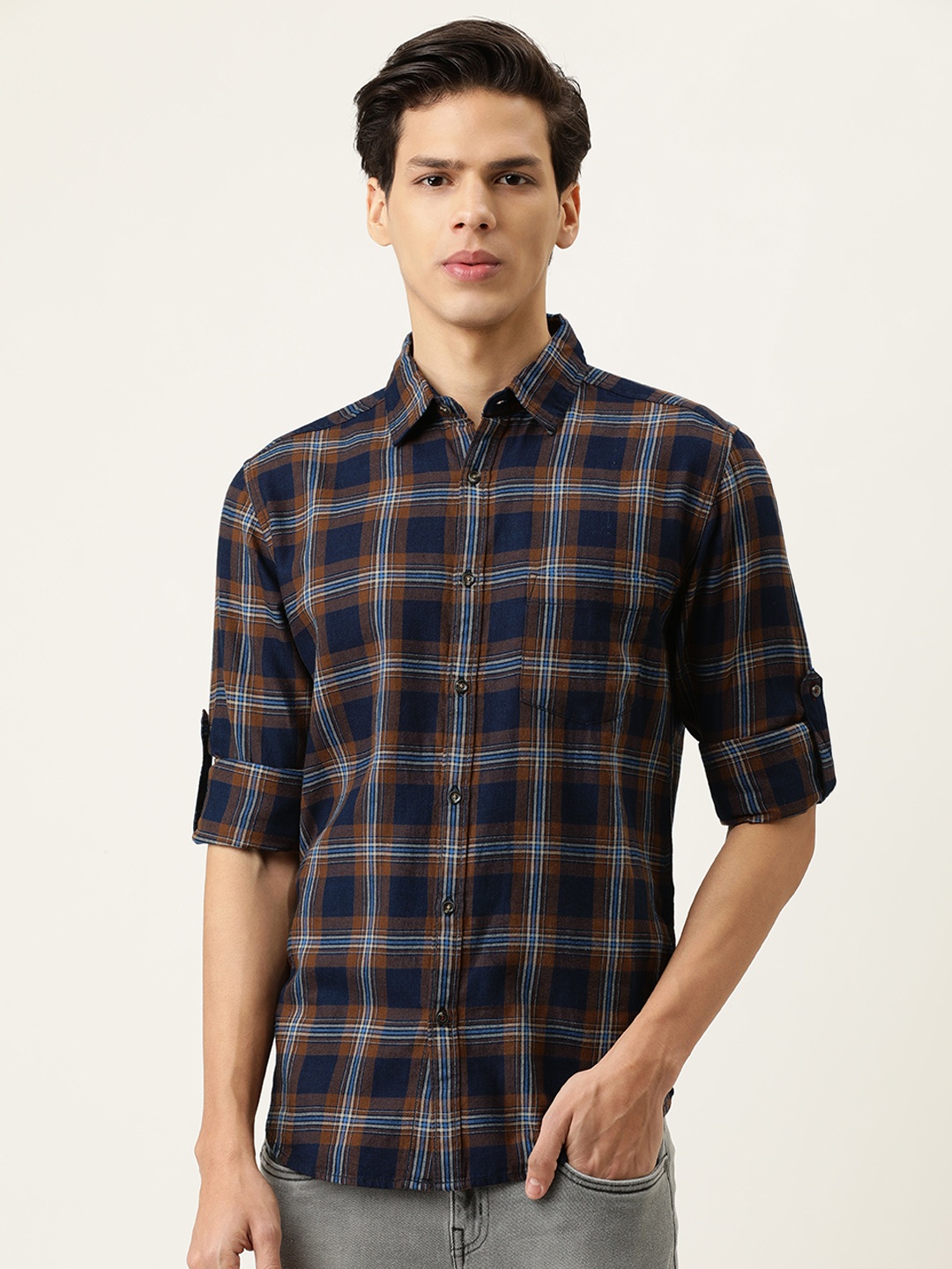 

IVOC Men Brown Slim Fit Tartan Checks Opaque Checked Casual Shirt