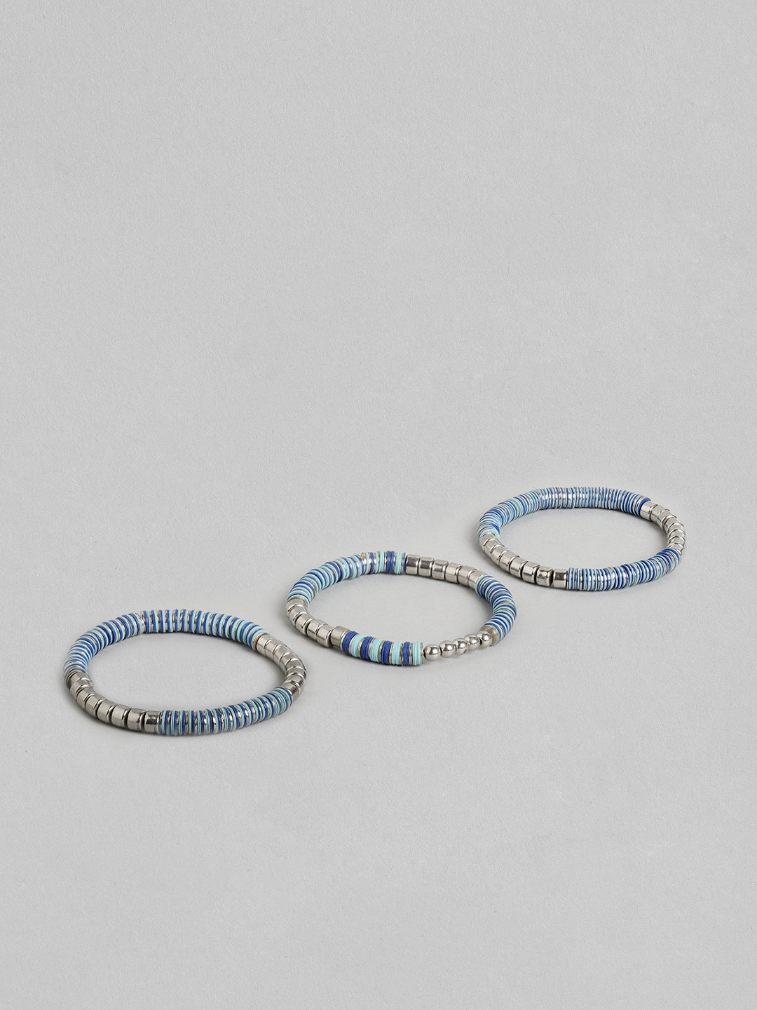 

RICHEERA Women Set of 3 Blue & Silver-Toned Silver-Plated Elasticated Bracelet