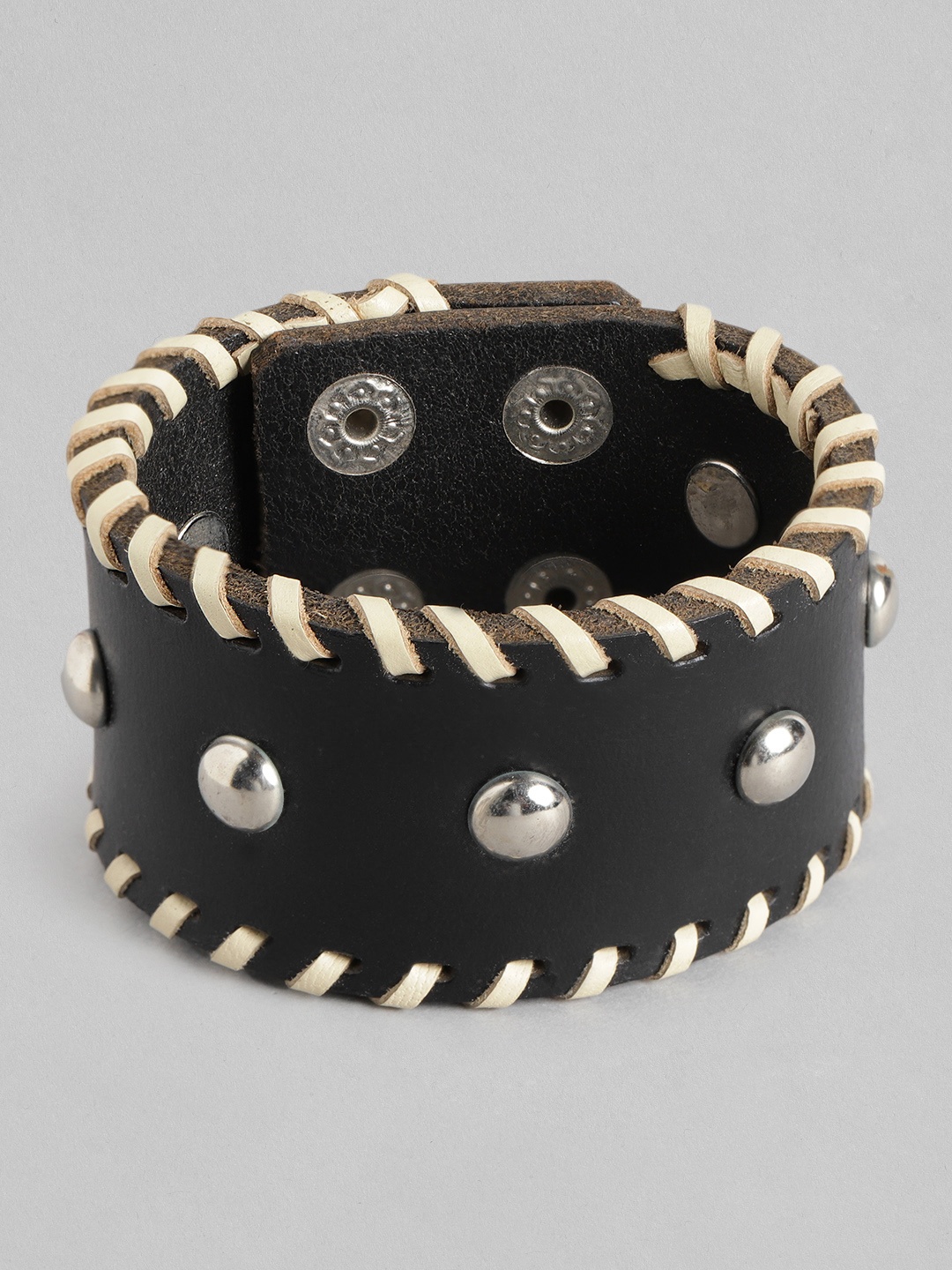 

RICHEERA Women Black & Silver-Toned Leather Wraparound Bracelet