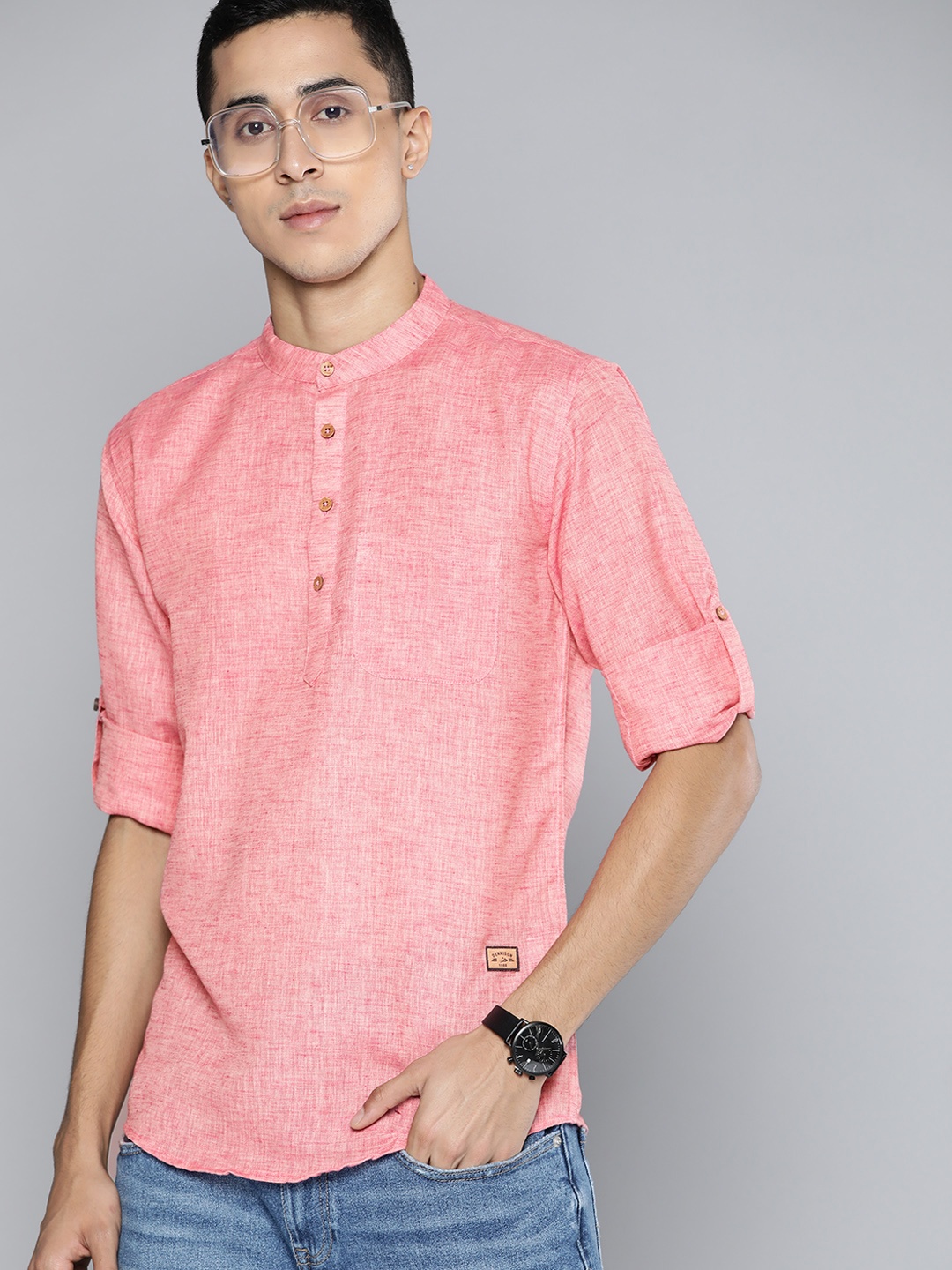 

DENNISON Men Pink Melange Effect Comfort Slim Fit Straight Short Kurta
