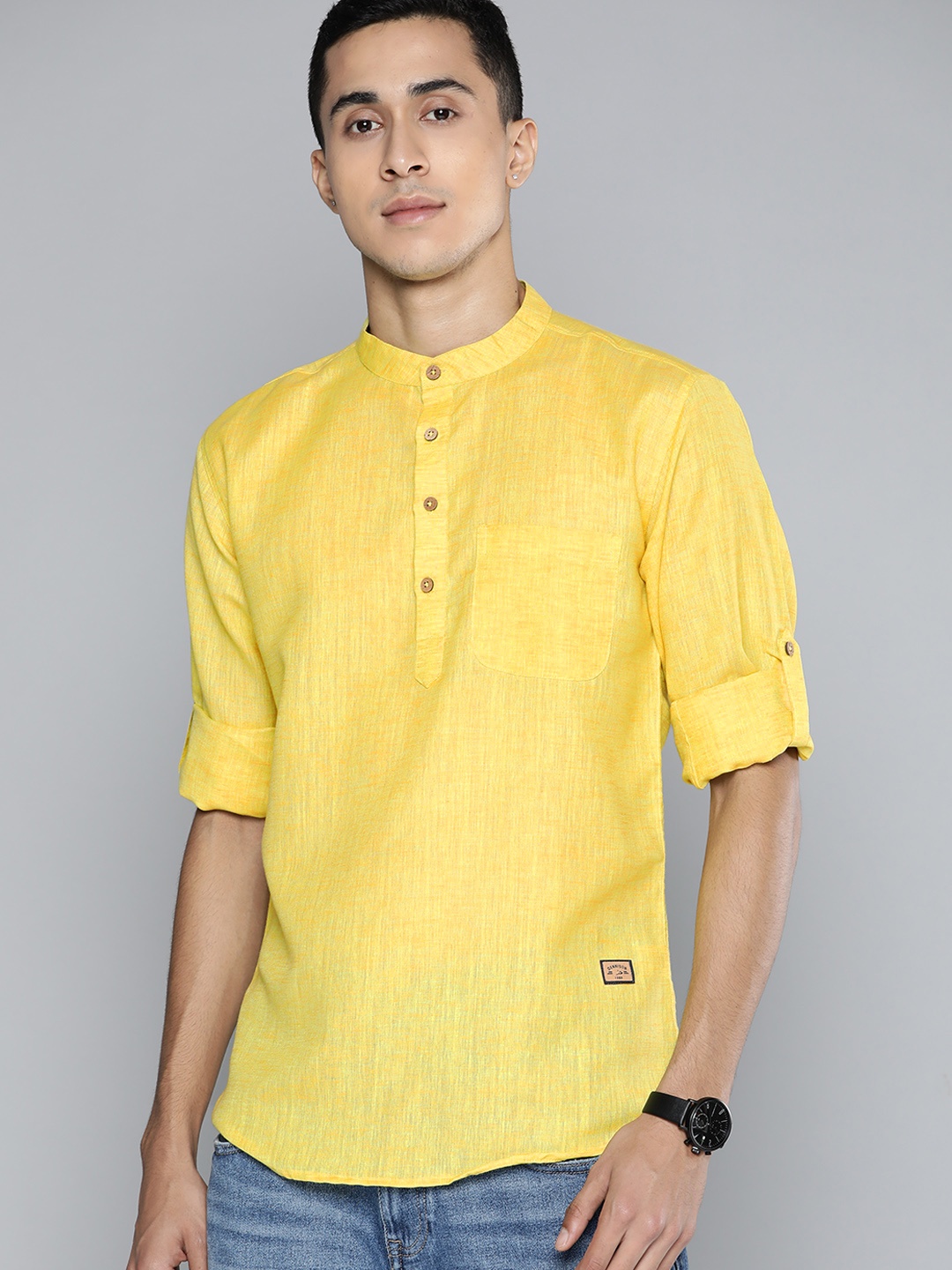 

DENNISON Men Yellow Melange Effect Straight Comfort Slim Fit Short Kurta