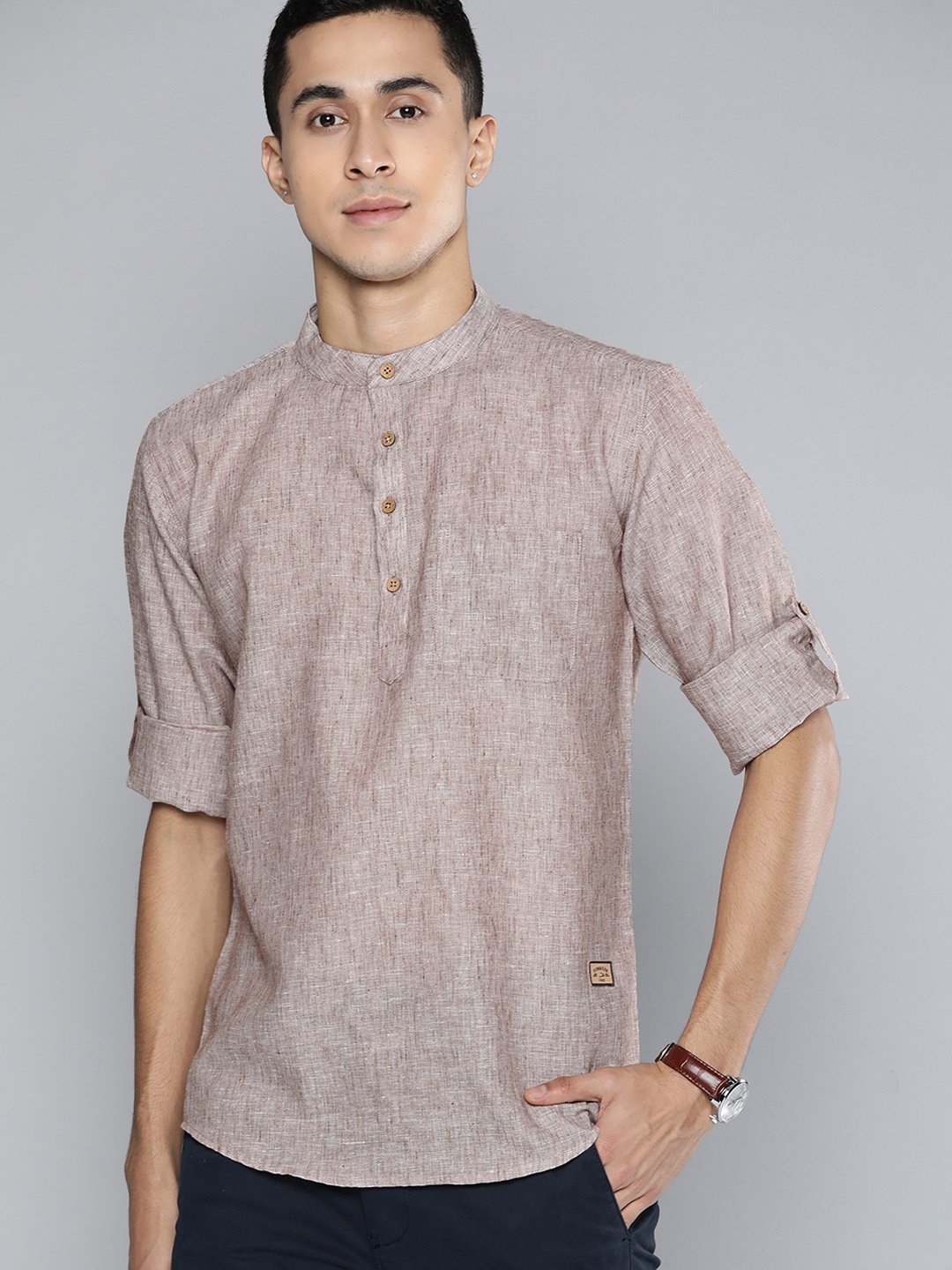 

DENNISON Men Taupe Melange Effect Straight Comfort Slim Fit Short Kurta
