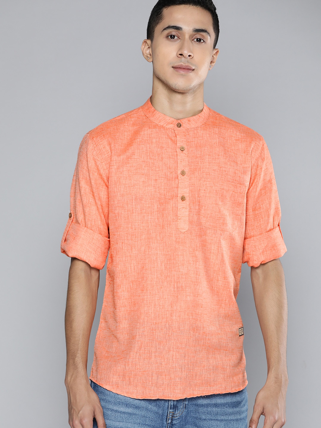 

DENNISON Men Coral Orange Melange Effect Straight Comfort Slim Fit Short Kurta