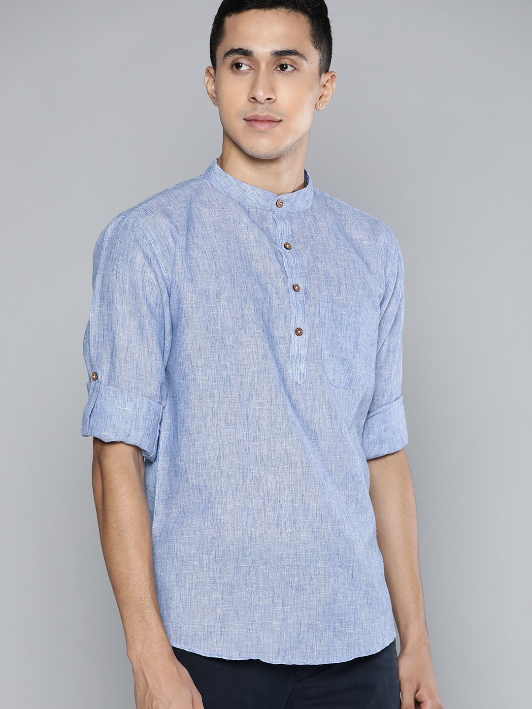 

DENNISON Men Blue Melange Effect Straight Comfort Slim Fit Short Kurta