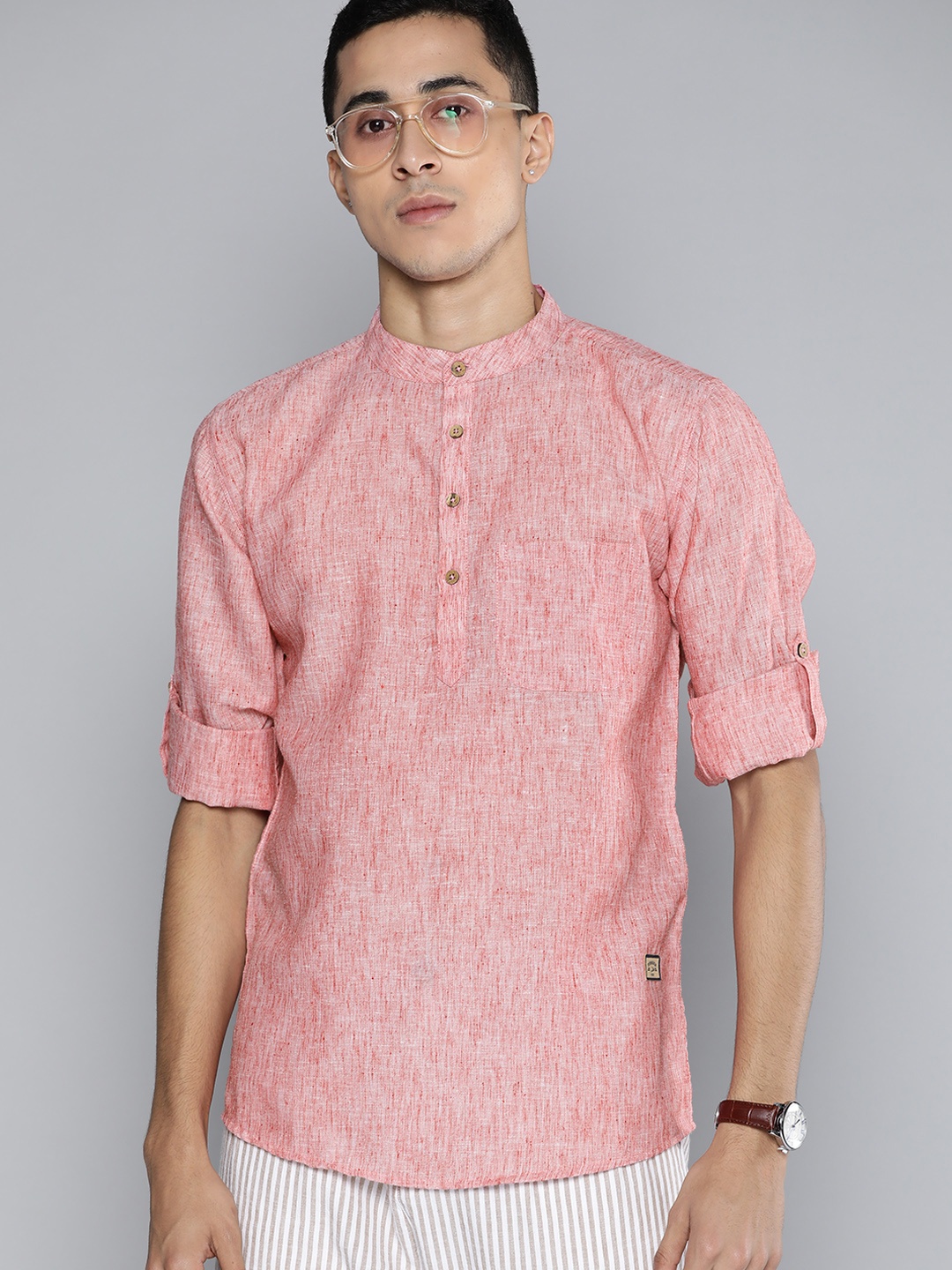 

DENNISON Men Pink Melange Effect Straight Comfort Slim Fit Short Kurta